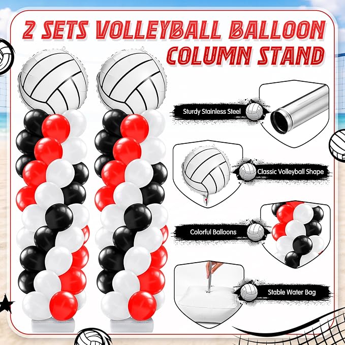 Kasyat 2 Sets Volleyball Balloon Column Stand Kit Red Black White Volleyball Sports Balloons Adjustable Balloon Arch Stands for Senior Night Decorations Birthday Supplies