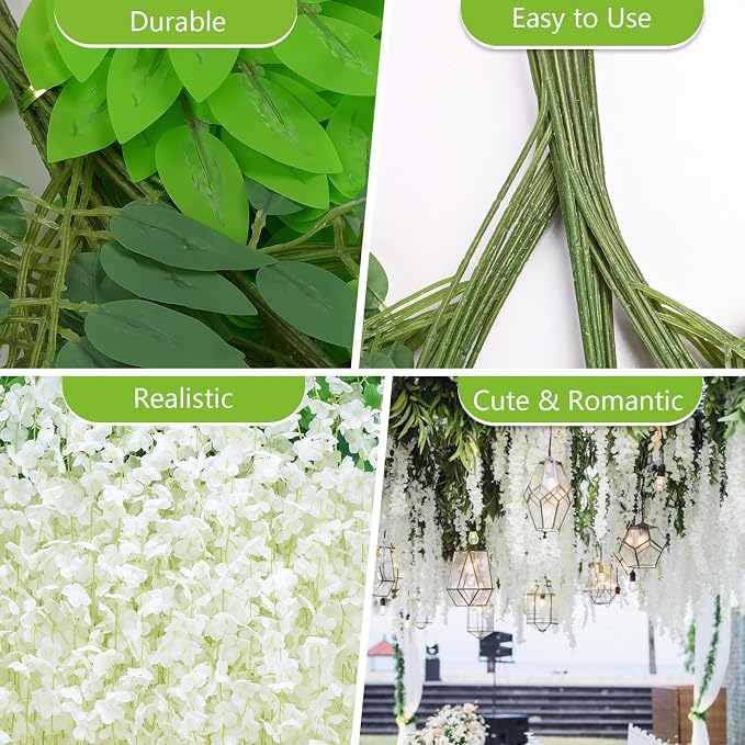 12Pcs Artificial Wisteria Hanging Flowers, 3.6Ft/Pcs White Fake Wisteria Garland for Wedding Party Home Garden Indoor Outdoor Decoration