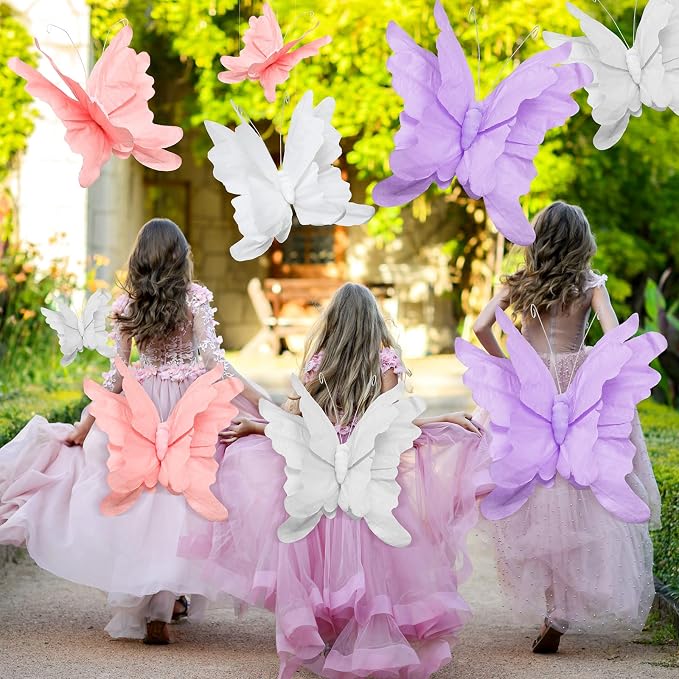 3 Pcs 3D Large Hanging Butterfly Decorations Large Butterfly Birthday Party Decorations 3D Crepe Paper Decoration for Wedding Party Birthday Baby Shower Garden(Purple, Pink, White,7inch,11inch)
