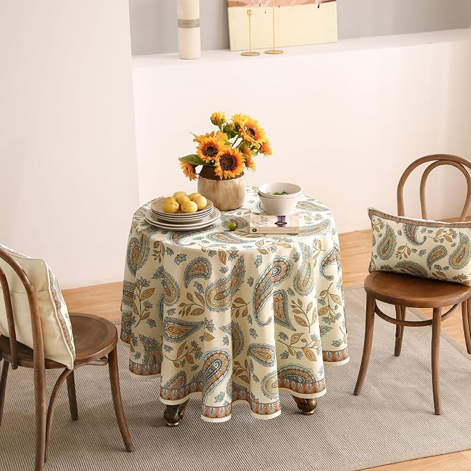 patdrea Vintage French Linen Tablecloth,Round,Diameter 67"-Lysaniya | Colorful Elegant Table Cloth for Round Table,Paisley Patterned,Dining Room Tea Party Thanksgiving Decor,Stain Resistant