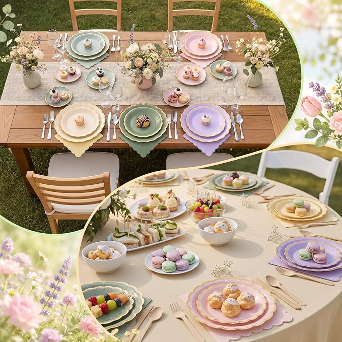 Zhehao 150 Pcs Fairy First Birthday Decorations Pink Green Purple Plates and Napkins Tableware Serves 50 Include 9 Inch 7 Inch Scalloped Wave Edges Paper Plate and Napkin for Wedding Baby Shower Party