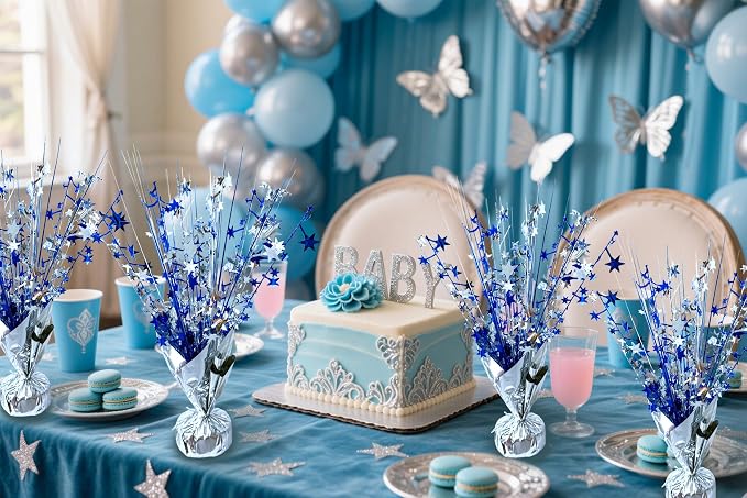 FUBININA 6 Pack Metallic Foil Spray Centerpiece Star Table Decoration Burst Table Centerpieces for Birthday Wedding Anniversary Graduation Holiday Party Supplies Decor, Silver Blue