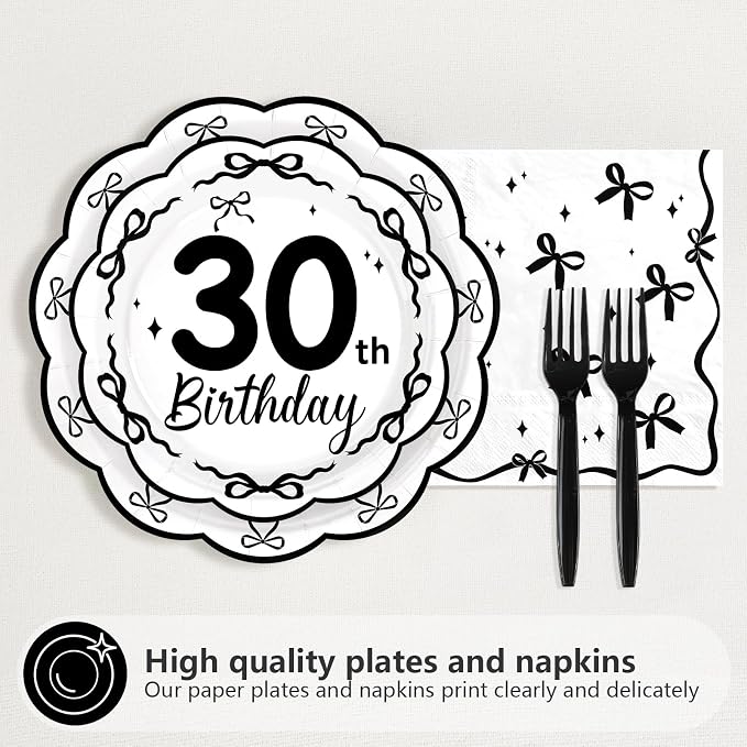 96Pcs Black Bow 30th Birthday Party Decorations, Serves 24 | She's Tying up Her Twenties Plates and Napkins Scalloped Black and White Bow Tableware Set for 30 Year Old Women Rip 20s Bday