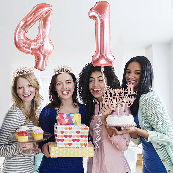 41st Birthday Decorations for Women, Include 41st Birthday Sash and Tiara, Cake Topper and Candles, Number Balloons, 41 Year Old Gifts for Women