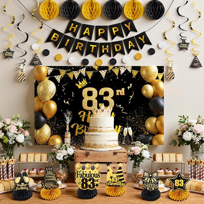 Happy 83rd Birthday Party Decoration: Including Birthday Banner Backdrop, Party Table Centerpieces and Hanging Swirl Party Streamers, Birthday Decor for Men and Women (Gold/Black, 83rd Birthday)
