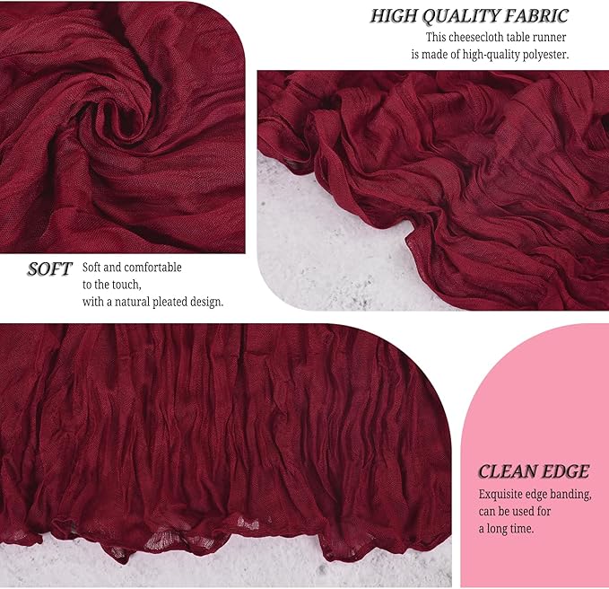 12 Pack Burgundy Cheesecloth Table Runner 120 inch Fall Thanksgiving Boho Rustic Gauze Farmhouse 10FT Cheese Cloth Runner for Baby Shower Wedding Party Holiday Home Decor