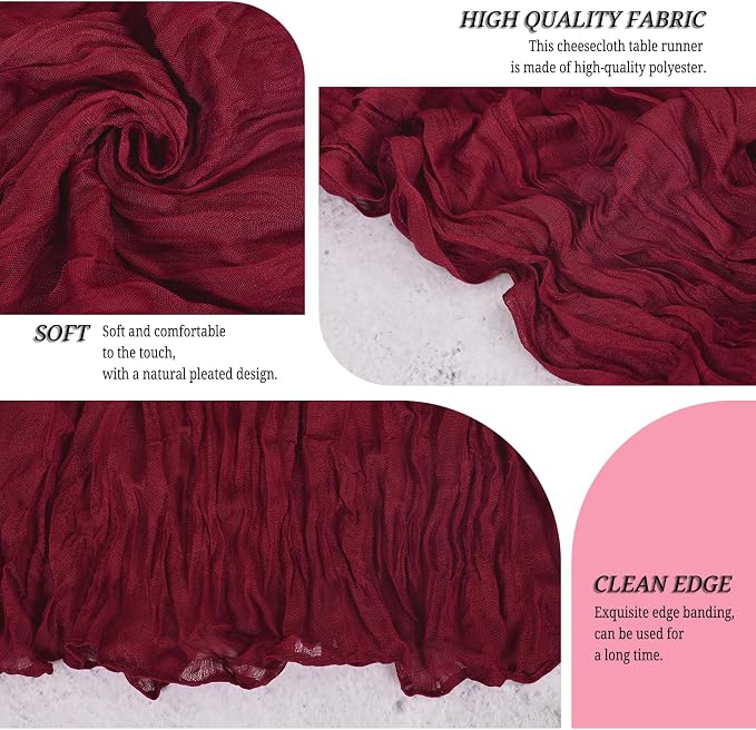 12 Pack Burgundy Cheesecloth Table Runner 120 inch Fall Thanksgiving Boho Rustic Gauze Farmhouse 10FT Cheese Cloth Runner for Baby Shower Wedding Party Holiday Home Decor