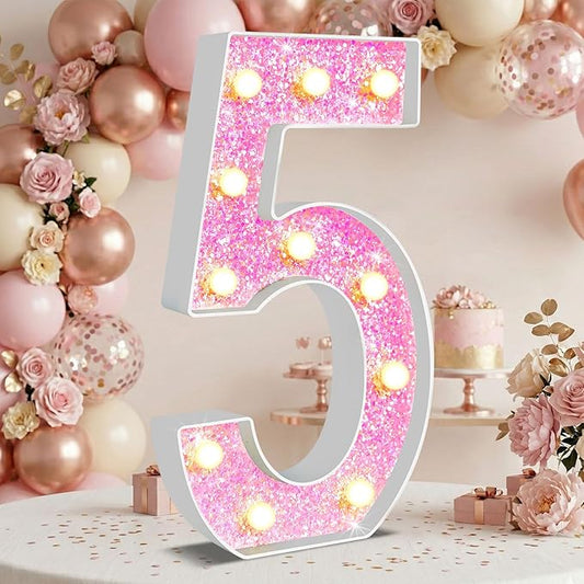 12.6 Inch LED Pink Marquee Light Up Numbers, Sweet 5th Birthday Decorations Number Lights as Gifts for Girls Women, Glitter Lighted Marquee Numbers for Pink Anniversary Party Table Decor, 5
