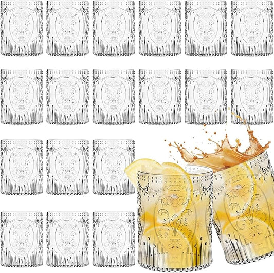 Qinyoung 24 Plastic Vintage Drinking Glasses 8.5oz Stemless Retro Embossed Wine Glasses Shatterproof Reusable Cups for Baby Shower Wedding Reception Grand Event Party (Clear)