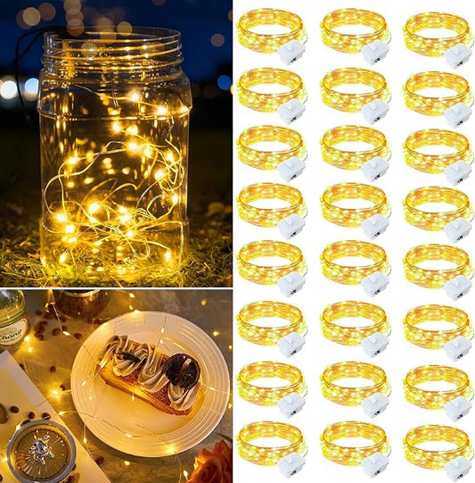 24 Pack Warm White Fairy Lights Battery Operated, 7ft 20 LED Mini String Twinkle Lights for Christmas Halloween Mason Jars Centerpiece Table Decorations (24, Warm White)