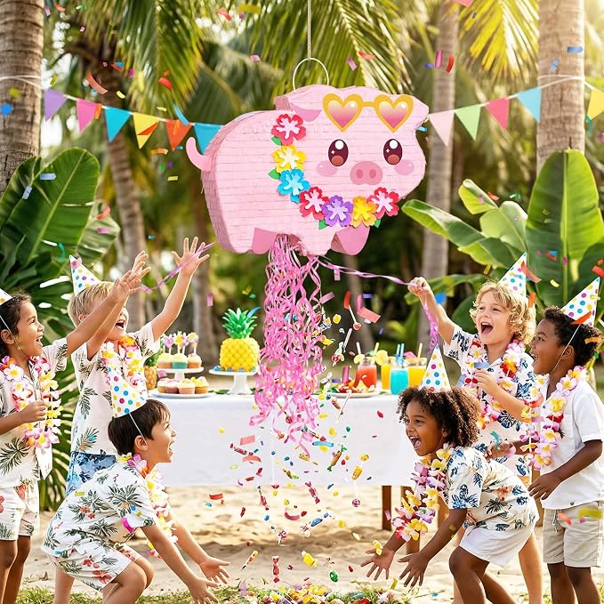 WERNNSAI Pig Piñata - Farm Party Decorations Hawaiian Pig Piñata with Blindfold and Stick for Summer Birthday Decorations Summer Tropical Birthday Party Luau Carnival Supplies