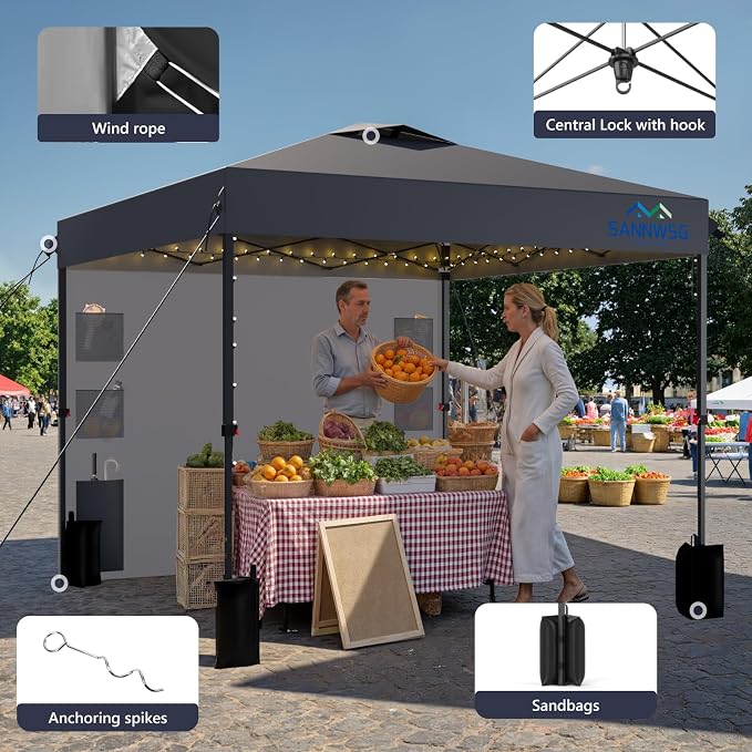 12X12 Pop Up Canopy Tent,Heavy Duty One Person Set Up Event Tent,Removable Pockets Sidewall, Easy Up Canopy with One Push Button for Extra Storage,Grey