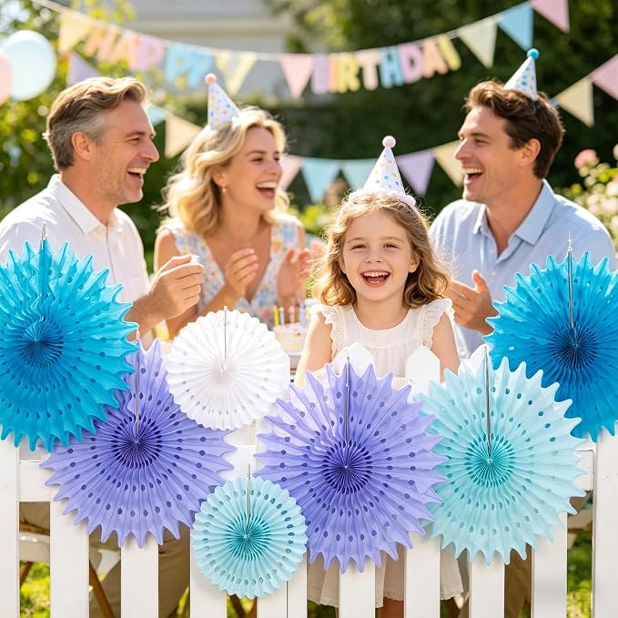 SUNBEAUTY Pack of 11 Purple Lavender Blue Hanging Honeycomb Paper Fans Decoration Mermaid Theme Tissue Paper Fan Garland for Baby Shower Girl Kid Birthday Under The Sea Wedding Party Supplies