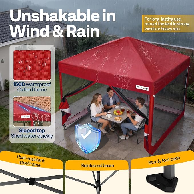 VIVOHOME 10x10ft Easy Pop-Up Canopy, Outdoor Screen Tent with Mosquito Netting, 2 Zipper Doors, and Roller Bag for Yard Camping Picnic Party Events, Red