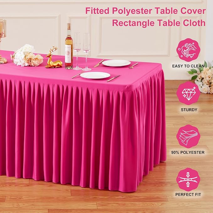 Wish Care 2 Pack Hot Pink Rectangle Table Clothes for 6 Foot Tables, Polyester Fitted Tablecloths 6t Stretch Table Cover for Wedding, Birthday, Parties, Trade Show, Craft Show
