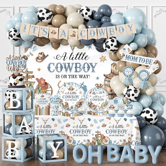 Cowboy Baby Shower Party Decorations for Boy A Little Cowboy is on the Way Disposable Paper Plates,Balloons Arch,Napkin,Cake Topper,Backdrop,Tablecloth,Banner for Wild West Baby Shower Party Supplies