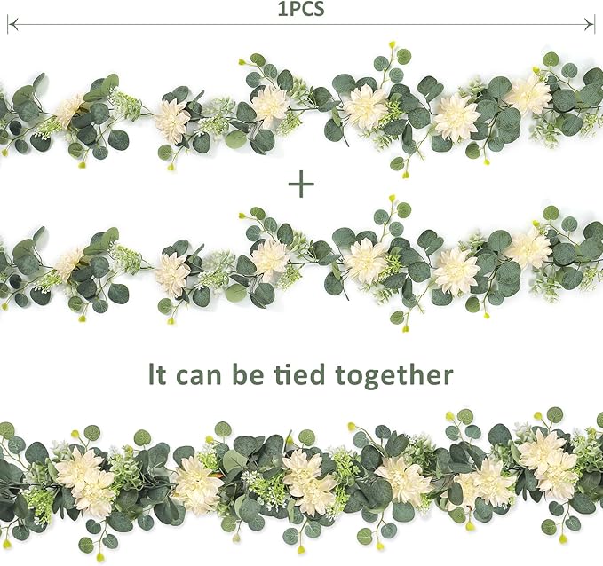 Dremisland Artificial Flower Garland 2 Pack 12Ft Champagne Dahlia Flower Vines Hanging Floral Eucalyptus Greenery Garland Decoration for Wedding Arch Bedroom Home Wall Backdrop Room Decor