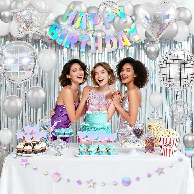 Disco Party Decorations, Iridescent Happy Birthday Star Hanging Banner Cake Topper, Disco Ball Heart Foil Balloons Silver White Confetti Balloon Fringe Curtain for Groovy Birthday Party Decoration