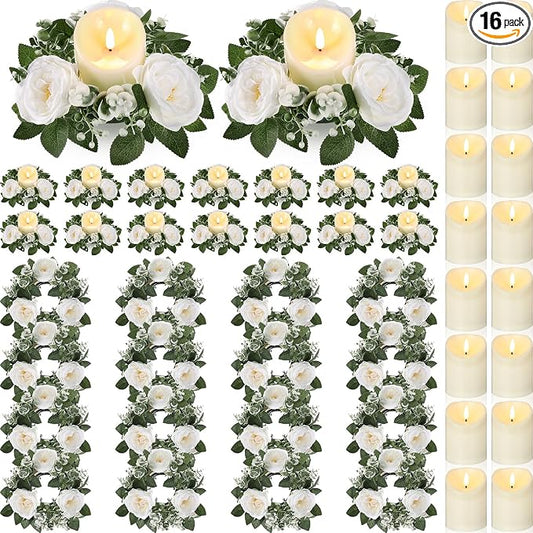 Yunlly 16 Set Rose Candle Rings Wreaths 3 Inch Center with Flameless LED Candles Artificial Rose Light Garland Fake Electric Votive Tealights Bulk Funeral Wedding Table Centerpieces Decor(White)