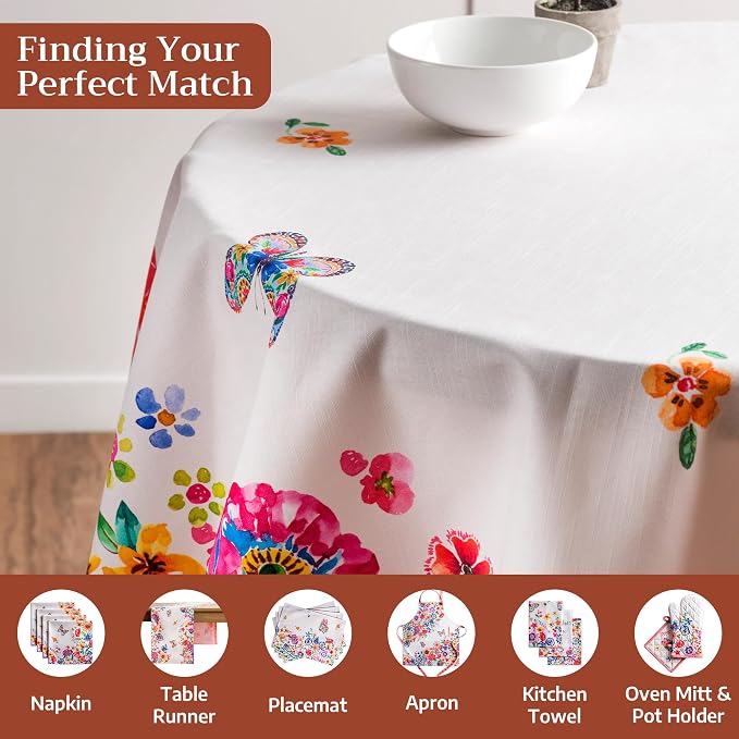 Maison d' Hermine Table Cloth Round Table 100% Cotton 63 Round Inches Tablecloth Reusable Decorative for Dining Kitchen Room Farmhouse Party Hotel Restaurant Spring Summer- Happy Florals - High Summer