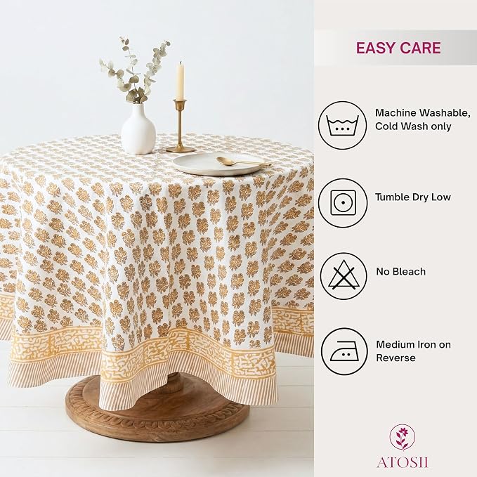 ATOSII Ivy Yellow 100% Cotton Round Boho Fall Tablecloth, Handblock Floral Table Cloth Linen for Kitchen Dining I Parties Weddings Outdoors Picnics Easter Mothers Day I 60" Inches Round I 4 Seater