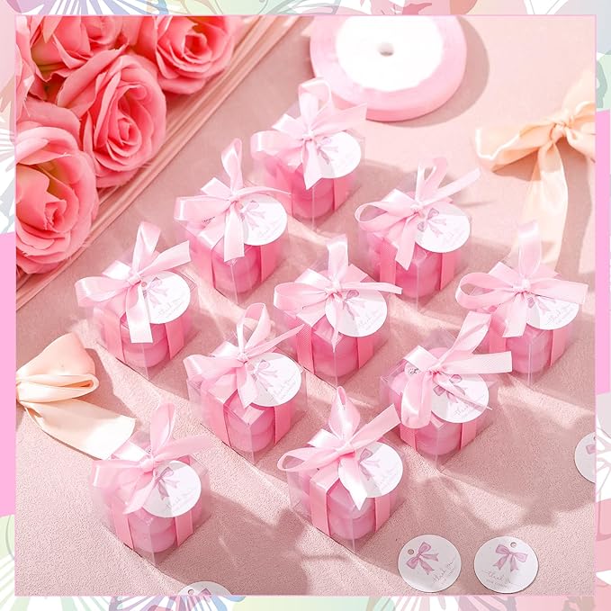 MTLEE 24 Sets Pink Bow Party Favors Small Bubble Candle Baby Shower Favors for Guests Tea Candles Bulk with Stylish Ribbons Cards Gifts Party Decoration(Bright Pink,Bow)