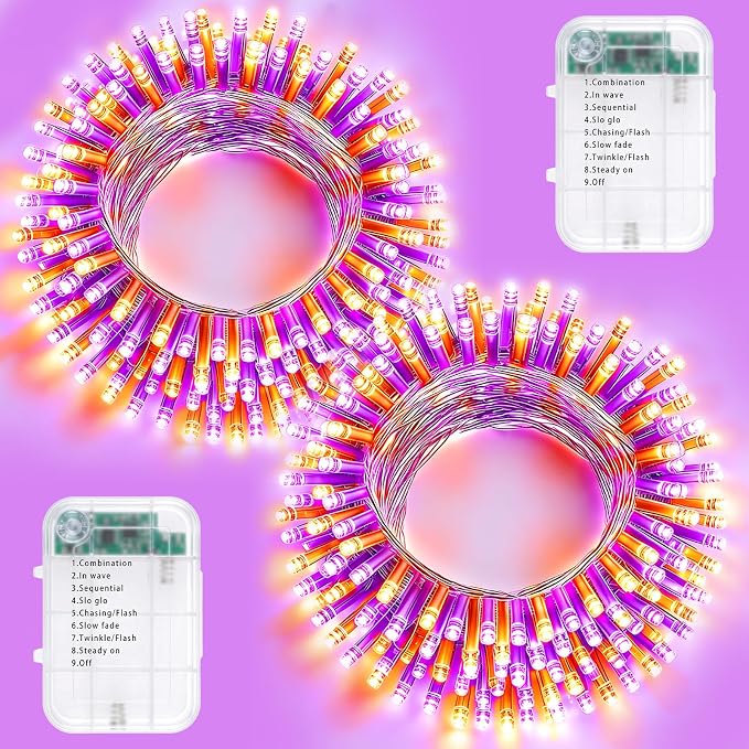 Pooqla 2 Pack Halloween String Lights Battery Operated, Total 66.6ft 200 LED Fairy Lights Indoor Outdoor Decorations, 8 Modes Orange Purple Battery Lights for Porch Party Halloween Decorations