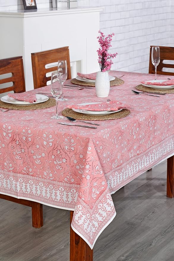 Ridhi Sweet Pink Hand Block Print Cotton Rectangle Tablecloth 120" x 80" inches Reusable Table Cover Decorative Everyday Use for Dining Room, Farmhouse, Home Gift for Spring, Mother's Day