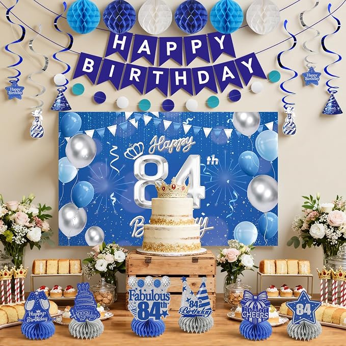 Happy 84th Birthday Party Decoration: Including Birthday Banner Backdrop, Party Table Centerpieces and Hanging Swirl Party Streamers, Birthday Decor for Men and Women (Blue, 84th Birthday)