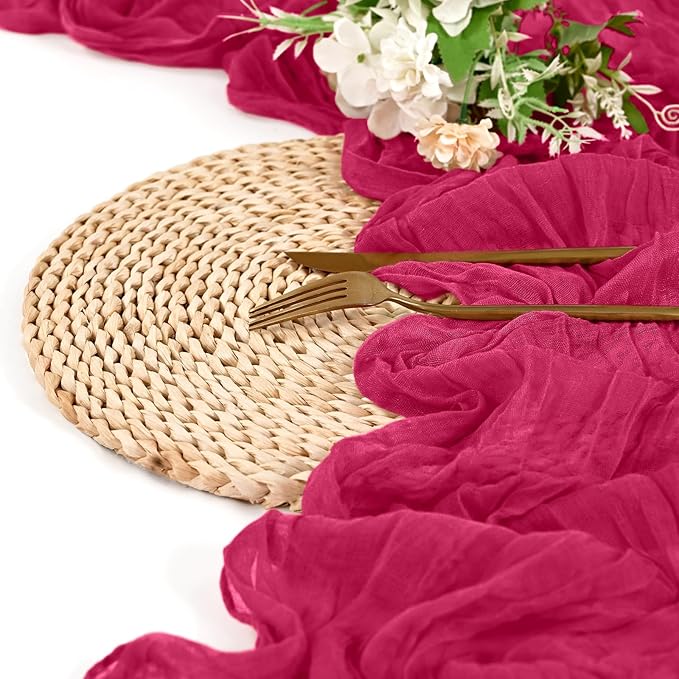 8 Pack Hot Pink Cheesecloth Table Runner 10FT Boho Gauze Cheese Cloth Table Runner Rustic Sheer Fabric Table Runners for Wedding Bridal Shower Baby Shower Party(21.5×120 Inch)