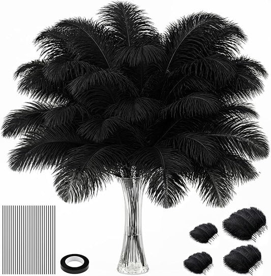 Piokio 100 Pcs Large Natural Black Bulk Ostrich Feathers, 14-16 Inch 12-14 Inch 10-12 Inch 8-10 Inch Ostrich Feathers Plumes for Wedding Party Decoration, Centerpieces Home Decor Flower Arrangement