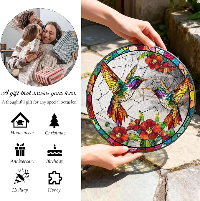 Humming Bird Stained Glass Suncatcher 6x6'' – Hummingbird Gifts for Women, Home Decor, Birthday, Christmas