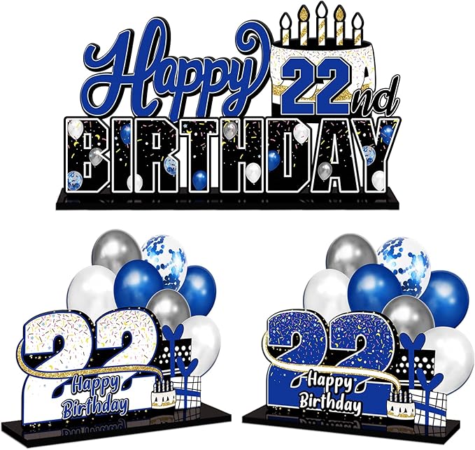 LINGTEER Happy 22nd Birthday Blue Acrylic Table Topper Centerpieces Set - Cheers to 22 Years Old Birthday 22nd Bday Party Gift Decorations.