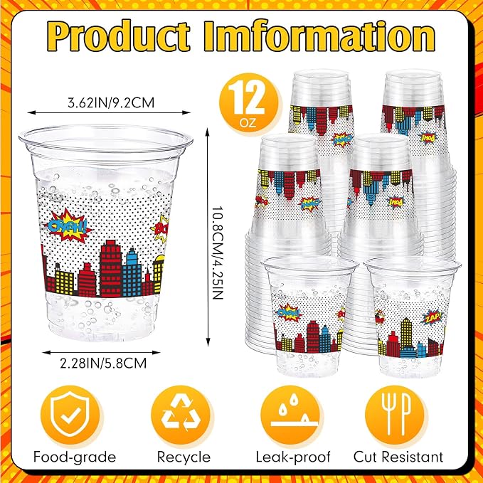 Funnymoom 60 Pack Plastic Hero Cups Comic Hero Birthday Party Decorations 12 oz Boom Pow Crash Zap Disposable Clear Plastic Cups Bulk for Comic Themed Birthday Party Decoration Favor Supplies