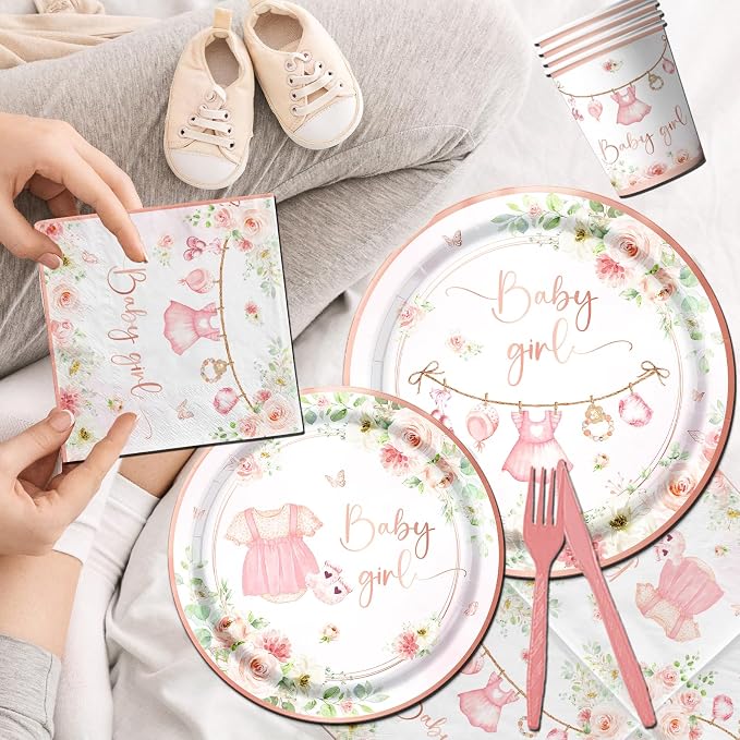 Rose Gold Baby Shower Tableware Set,Pink Girl Baby Shower Plates and Napkins Sets Include Baby Shower Plates Napkins Cups Floral Baby Girl Tablecloth for Girl Baby Shower Gender Reveal Party Supplies