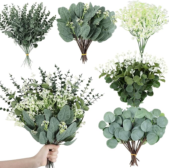 Consevisen 120 Pcs Eucalyptus Stems Artificial Flowers, 5 Kinds Mixed Faux Eucalyptus Leaves Greenery Stems Bulk for Wedding Bouquet, Table Centerpieces, Vase Floral Arrangements, Farmhouse Home Decor