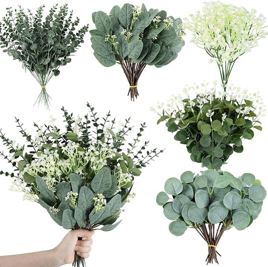 Consevisen 120 Pcs Eucalyptus Stems Artificial Flowers, 5 Kinds Mixed Faux Eucalyptus Leaves Greenery Stems Bulk for Wedding Bouquet, Table Centerpieces, Vase Floral Arrangements, Farmhouse Home Decor