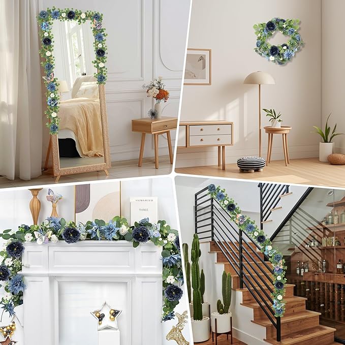 Eucalyptus Garland with Flowers - 6 Pack 5.9 FT Fake Flower Garland with Butterflies Faux Rose Greenery Garlands for Wedding Table Backdrop Arch Centerpieces Decorations - Navy Blue