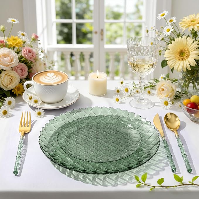 Festiva 60PCS Clear Sage Green Plastic Plates - Heavy Duty Weave Pattern Fancy Disposable Plates-serve for 30 guests Include 30PCS 10" & 30PCS 7" Plates for Wedding &Easter Party(Sage Green)