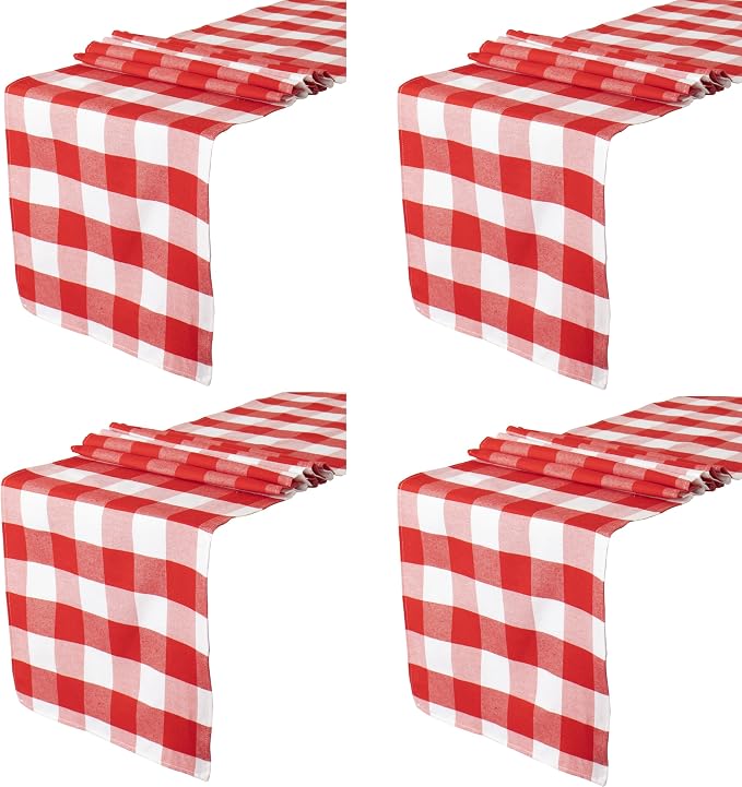 ShinyBeauty 4 Packs Checkered Table Runners 108 Inches Long Red and White Table Runner Christmas Decorations Farmhouse Plaid Linen for Dinning Party Outdoor Tables (14”X108”)