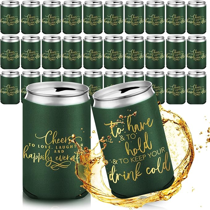 Qinyoung 50 Pieces Dark Green Wedding Can Cooler Bulk Engagement Party Favors for Guests Cheers to Love and Happily Ever After Rehearsal Dinner Decorations for Wedding Bridal
