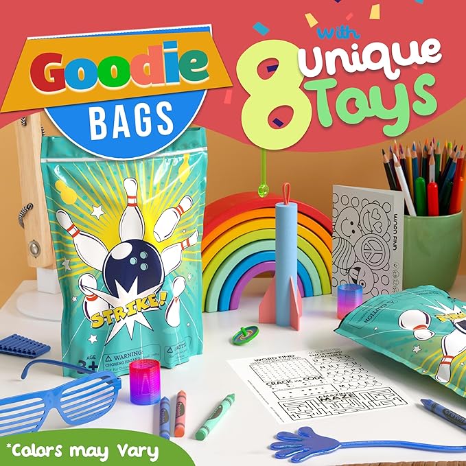 Crown Display Party Favors for Kids 10 Pre Filled Party Favor Bags - Bowling Fun Goodie Bags Stuffers for Kids with Fidget Toys and Small Toys Goody Bag Stuffers - Party Favors for Kids 4-8