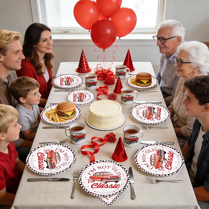 96Pcs Classic Car Birthday Party Decorations I am Not Old I am Classic Birthday Plates and Napkins Sets Vintage Red Car and Star Decorations for Men Vintage Cars Father's Day Party Supplies Serves 24