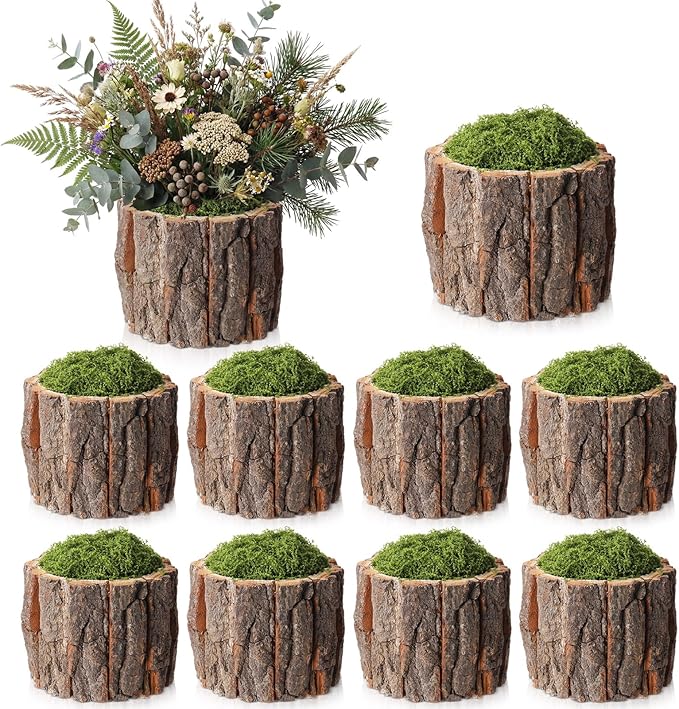 8 Set Wooden Vase for Centerpieces Wedding Flower Table Centerpieces Decor Rustic Bark Stump Bucket Farmhouse Wood Planter Pot for Woodland Party Window Home (Fake Green Moss,Large)