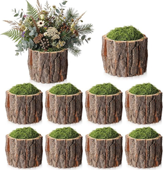 8 Set Wooden Vase for Centerpieces Wedding Flower Table Centerpieces Decor Rustic Bark Stump Bucket Farmhouse Wood Planter Pot for Woodland Party Window Home (Fake Green Moss,Large)