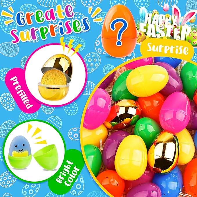 [ 6 Surprise Golden Eggs ] 200Pcs Prefilled Easter Egg with Assorted Toys, Bulk Plastic Easter Eggs Fillers for Kids, Basket Stuffers,Egg Hunt Party Favors Classroom Prizes Supplies for Boys Girls