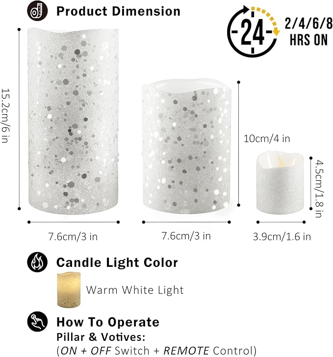 FURORA LIGHTING White Glitter Flameless Candles - Real Wax, Adjustable Brightness, Remote & Timer - 4 Pillars (3x4, 3x6) and 4 Votives, 8-Pack, Battery Operated