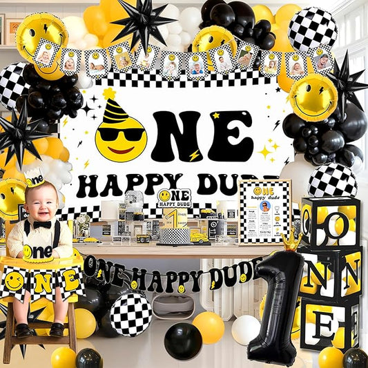 One Happy Dude Birthday Decorations, One Happy Dude 1st Birthday Decorations, Backdrop Balloon Garland Monthly Photo Highchair Banner Cake Topper Tablecloth