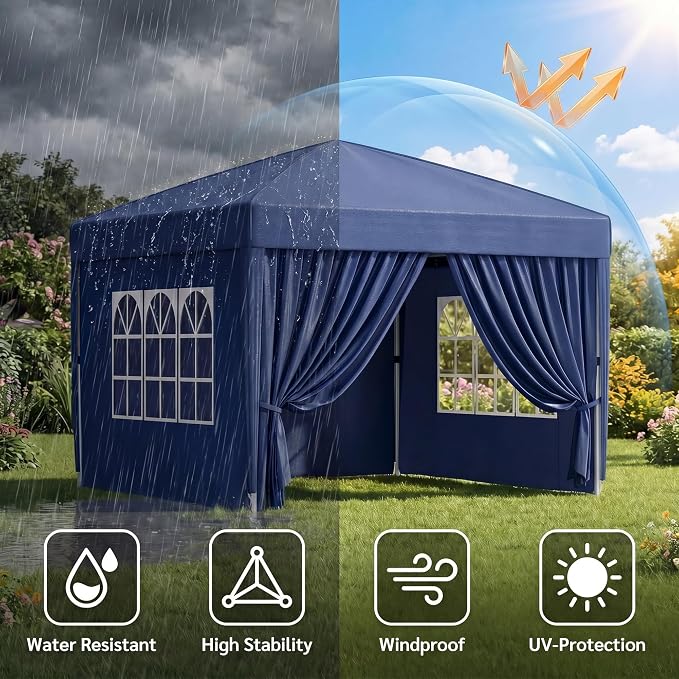 KIGOTY 10x10 FT Portable Pop Up Canopy Tent, Adjustable Height Instant Gazebo with Sidewalls, One-Push Setup Outdoor Canopy for Camping, Parties, Vendor Events (Blue, 3m × 3m)