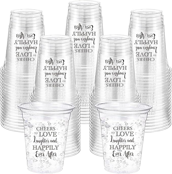 Funnymoom 60 Pack Wedding Cup Cheers to Love Laughter Happily Ever After 12 oz Disposable Clear Plastic Drinking Cups Bulk for Wedding Reception Bridal Shower Engagement Party Decoration